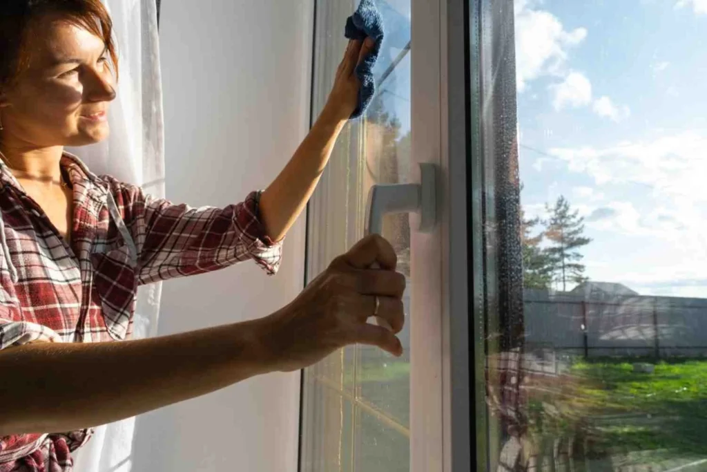 Signs Your Windows Need Replacing – homeowner inspecting a double glazed window for condensation, damaged seals, draughts, and other warning signs of window replacement.