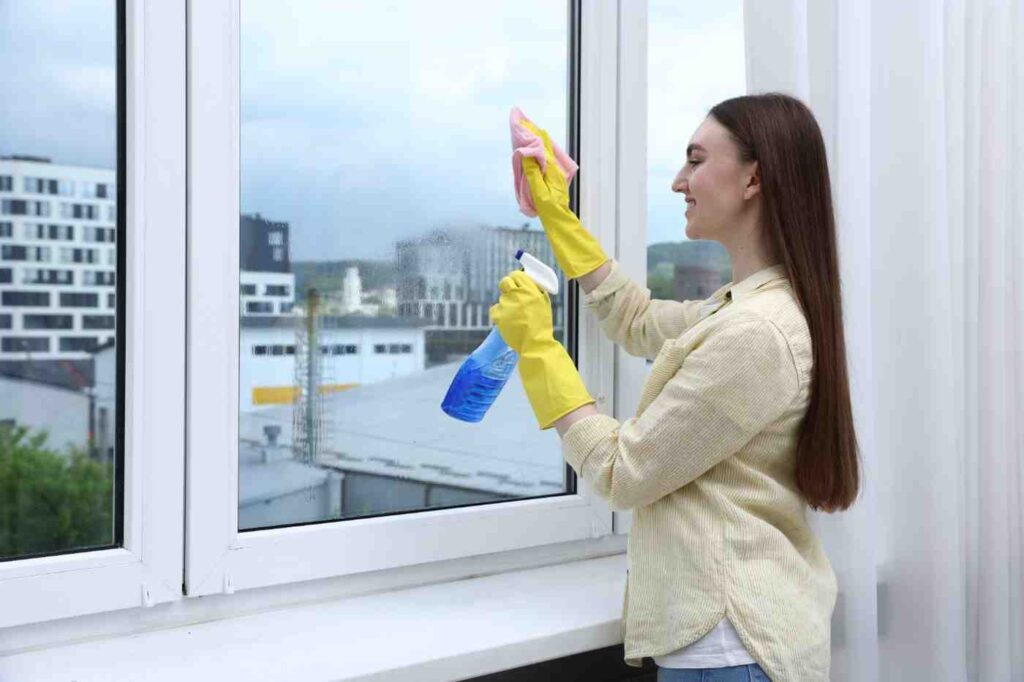 How to Clean UPVC Window Frames Inside – homeowner cleaning white UPVC window frames with a microfibre cloth and gentle cleaning spray.